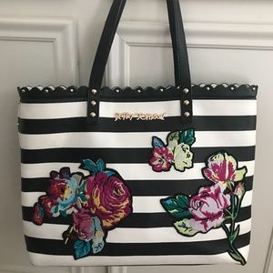 Betsey Johnson purse tote black white stripes rose